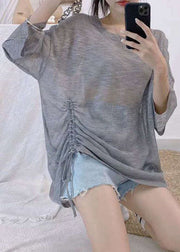 Plus Size Light Grey O Neck Lace Up Ice Silk Knit T Shirt Summer