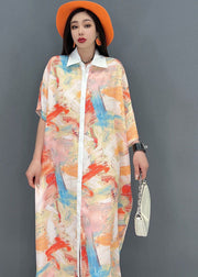 Plus Size Light Khaki Peter Pan Collar Tie Dye Print Chiffon Shirt Dresses Half Sleeve