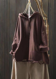 Plus Size Light Khaki Pockets Cotton Hooded Sweatshirts Top Fall