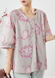 Plus Size Light Purple Embroidered Print Cotton Shirt Top Spring