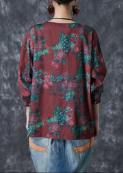 Plus Size Mulberry Chinese Button Floral Print Cotton Shirt Top Fall