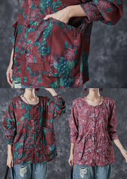 Plus Size Mulberry Chinese Button Floral Print Cotton Shirt Top Fall