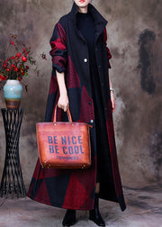 Plus Size Mulberry Stand Collar Asymmetrical Patchwork Button Woolen Maxi Coat Long Sleeve