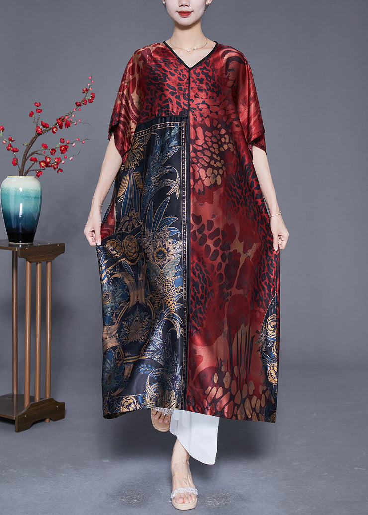 Plus Size Mulberry V Neck Print Silk Long Dress Summer