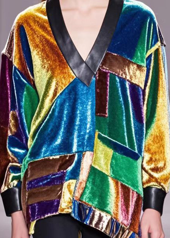 Plus Size Multicolour Asymmetrical Patchwork Silk Velour Shirts Fall