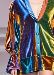 Plus Size Multicolour V Neck Patchwork Silk Velvet Coats Fall