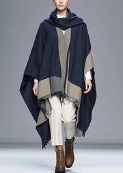 Plus Size Navy Asymmetrical Button Patchwork Cape Coat Fall