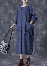 Plus Size Navy Asymmetrical Pockets Striped Linen Gown Dresses Fall