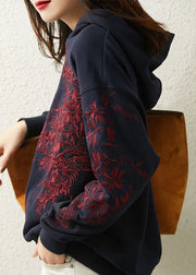 Plus Size Navy Blue Embroideried Hooded Coats Long Sleeve