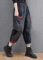 Plus Size Navy Elastic Waist Pockets Patchwork Cotton Denim Pants Fall