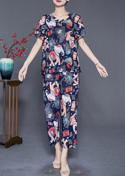 Plus Size Navy Elephant Print Chiffon Women Sets 2 Pieces Summer