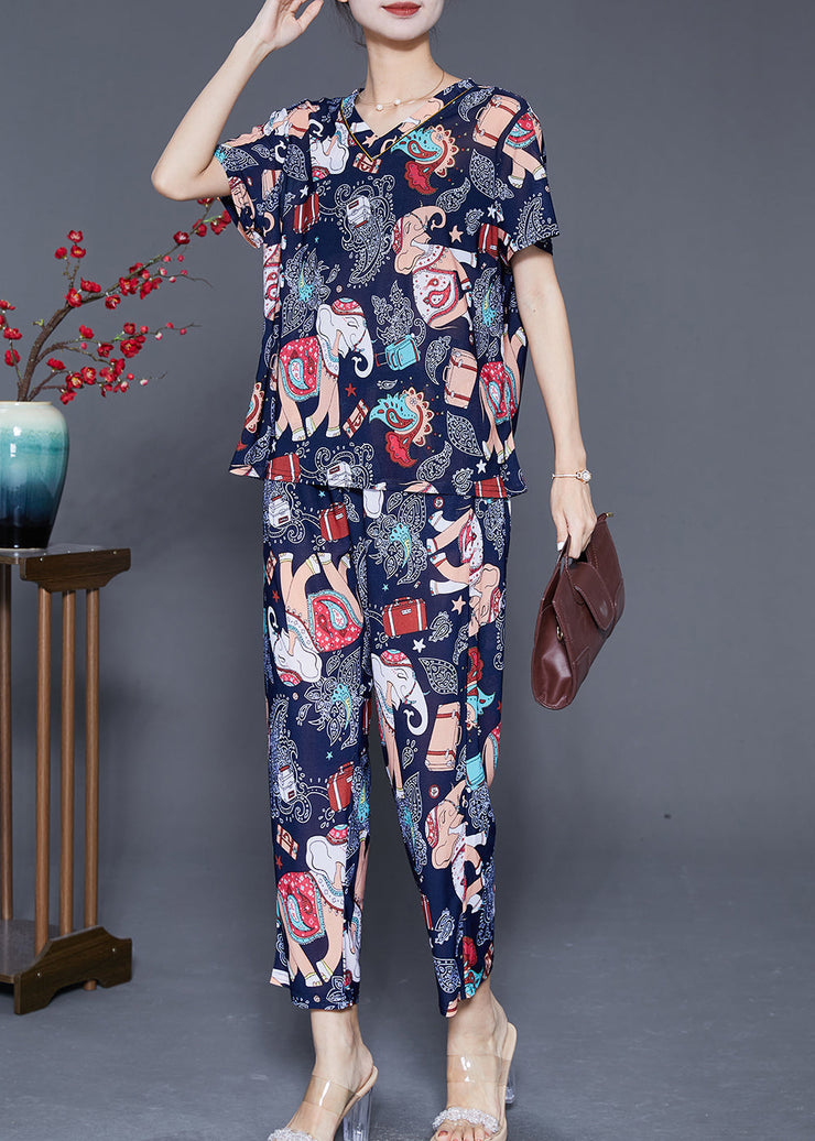 Plus Size Navy Elephant Print Chiffon Women Sets 2 Pieces Summer