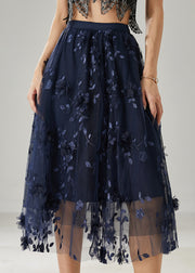 Plus Size Navy Embroidered Floral Tulle Skirts Summer