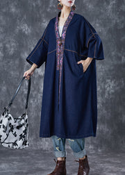 Plus Size Navy Embroidered Chinese Button Denim Trench Fall