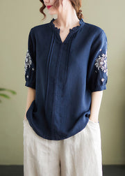 Plus Size Navy Embroideried Patchwork Wrinkled Linen Shirts Summer