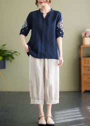 Plus Size Navy Embroideried Patchwork Wrinkled Linen Shirts Summer