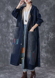 Plus Size Navy Hooded Asymmetrical Big Pockets Denim Trench Fall