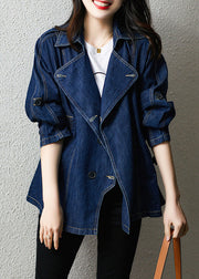 Plus Size Navy Notched Button Patchwork Denim Coats Fall