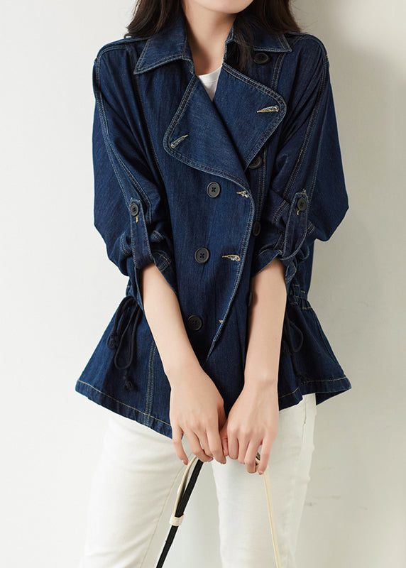 Plus Size Navy Notched Button Patchwork Denim Coats Fall