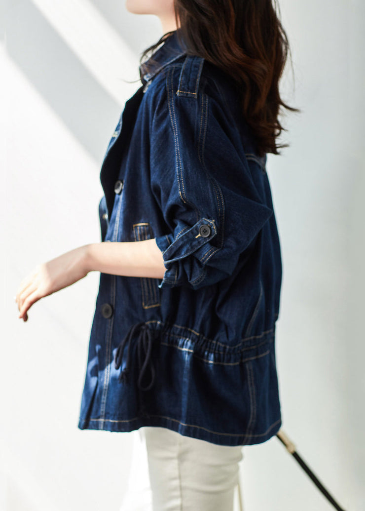 Plus Size Navy Notched Button Patchwork Denim Coats Fall