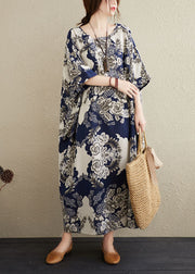 Plus Size Navy O-Neck Print Cotton Maxi Dresses Caftan Short Sleeve