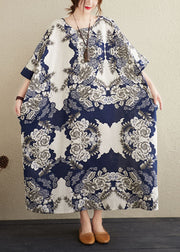 Plus Size Navy O-Neck Print Cotton Maxi Dresses Caftan Short Sleeve