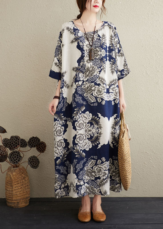 Plus Size Navy O-Neck Print Cotton Maxi Dresses Caftan Short Sleeve