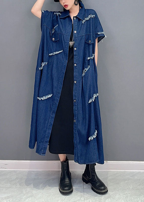 Plus Size Navy Oversized Cotton Ripped Denim Coat Outwear Short Sleeve