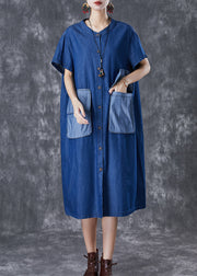 Plus Size Navy Oversized Patchwork Pockets Denim Maxi Dresses Summer