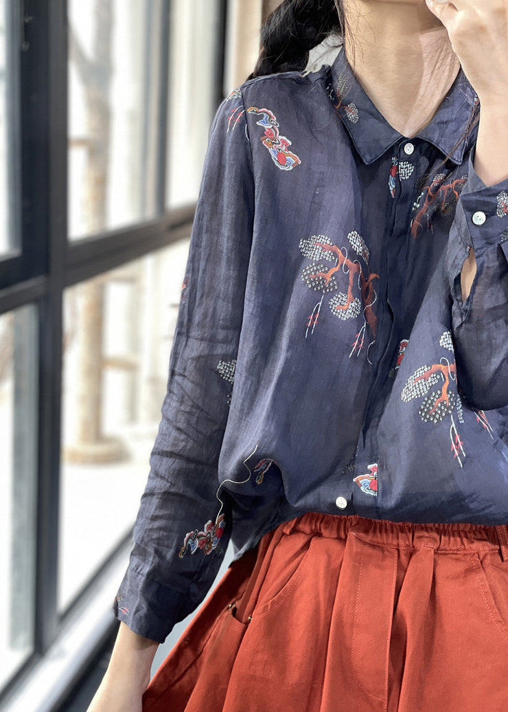 Plus Size Navy Oversized Print Linen Shirts Spring