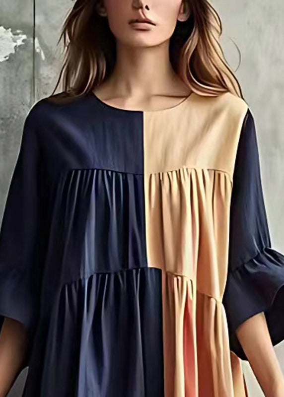 Plus Size Navy Patchwork Wrinkled Cotton Long Dresses Flare Sleeve