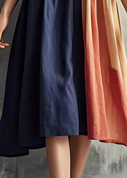 Plus Size Navy Patchwork Wrinkled Cotton Long Dresses Flare Sleeve