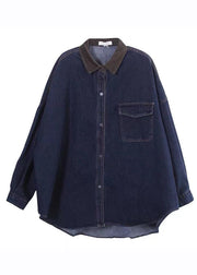 Plus Size Navy Peter Pan Collar Patchwork Button Cozy Denim Shirts Fall