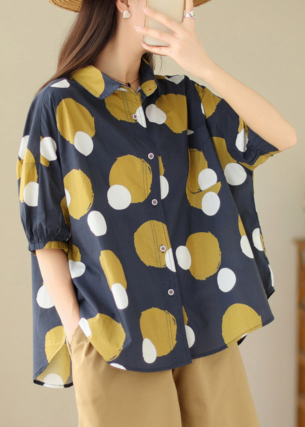 Plus Size Yellow stripes Peter Pan Collar Print Cotton Shirt Tops Summer