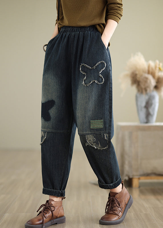 Plus Size Navy Pockets Elastic Waist Denim Pants Fall