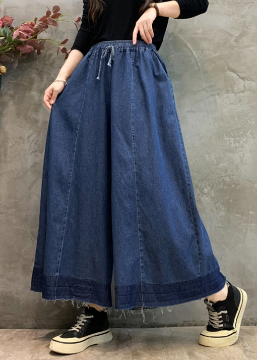 Plus Size Navy Pockets Elastic Waist Wide Leg Pants Fall