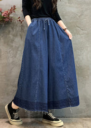 Plus Size Navy Pockets Elastic Waist Wide Leg Pants Fall