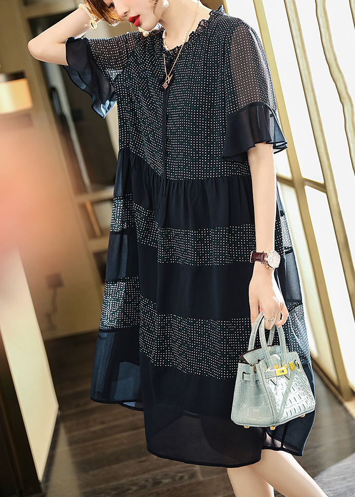 Plus Size Navy Ruffled Print Chiffon Dress Flare Sleeve