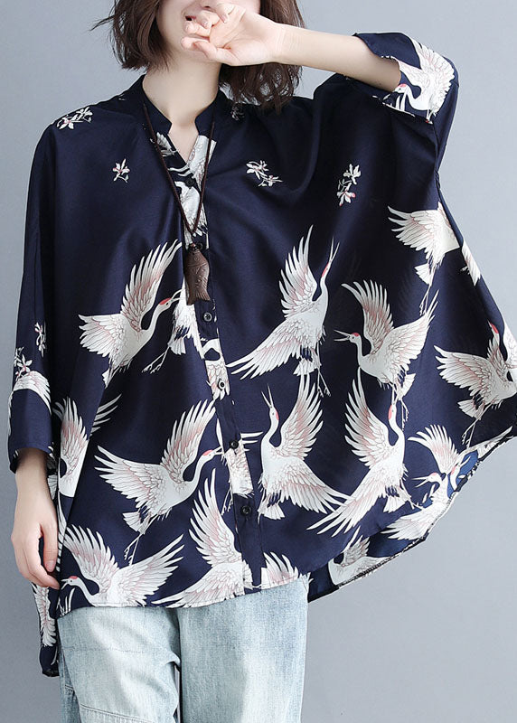 Plus Size Black-flower Stand Collar Oversized Print Chiffon Top Batwing Sleeve