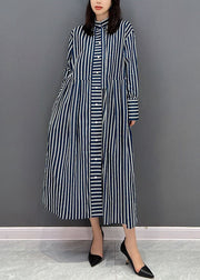 Plus Size Navy Stand Collar Striped Cotton Shirt Dress Fall