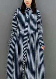 Plus Size Navy Stand Collar Striped Cotton Shirt Dress Fall