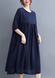 Plus Size Navy Wrinkled Exra Large Hem Cotton Vacation Dress Summer