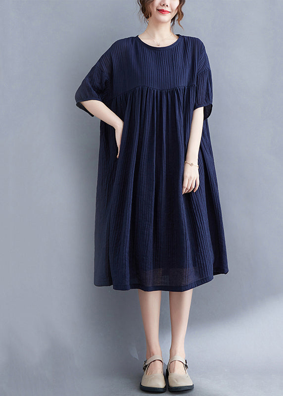 Plus Size Navy Wrinkled Exra Large Hem Cotton Vacation Dress Summer