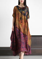 Plus Size O-Neck Asymmetrical Print Silk Long Dresses Spring