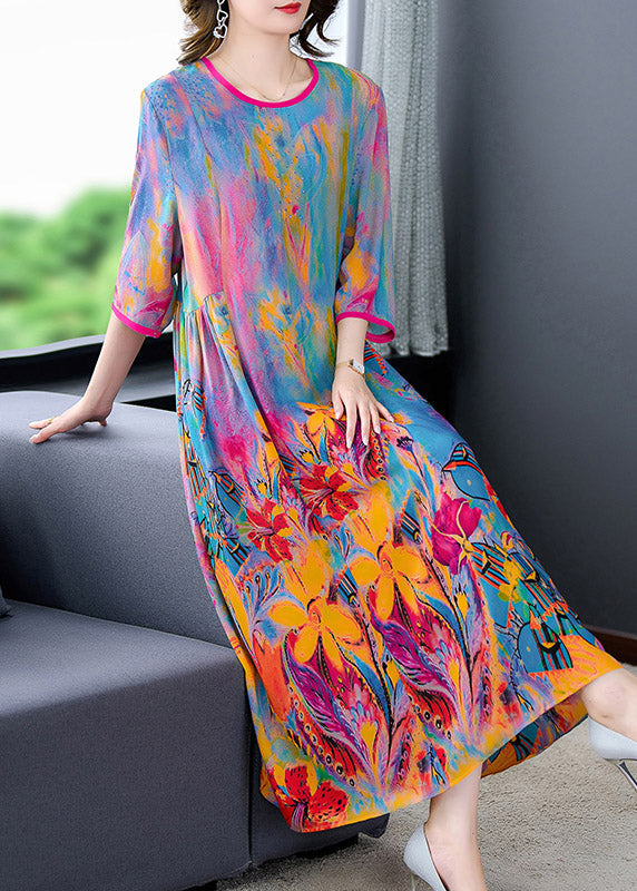 Plus Size O-Neck Print Silk Dress Long Sleeve