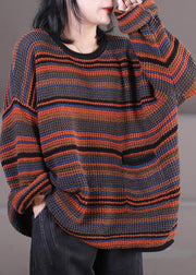 Plus Size O-Neck Thick Striped Pockets Knit Sweater Long Sleeve