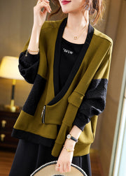 Plus Size Olive Green V Neck Zippered Patchwork Coat Spring