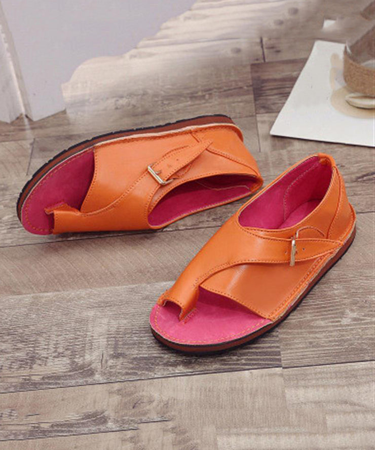 Plus Size Orange Cowhide Splicing Leather Flat Sandals