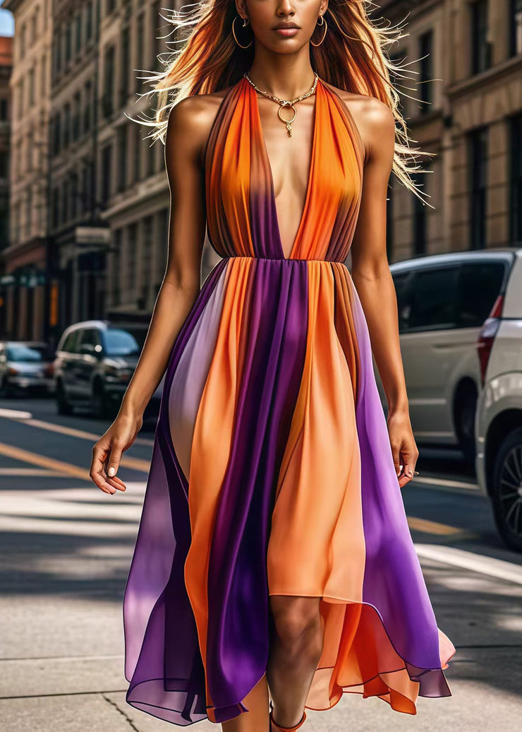 Plus Size Orange Deep-V Neck Patchwork Silk Halter Dress Summer