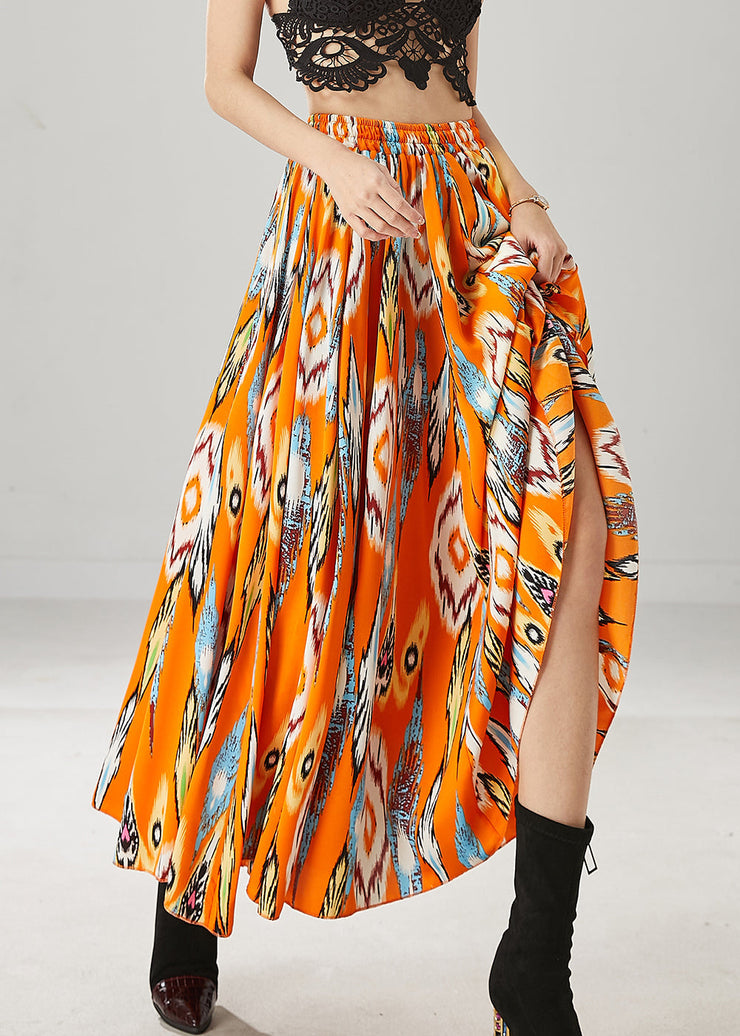 Plus Size Orange Elastic Waist Print Chiffon Skirt Spring